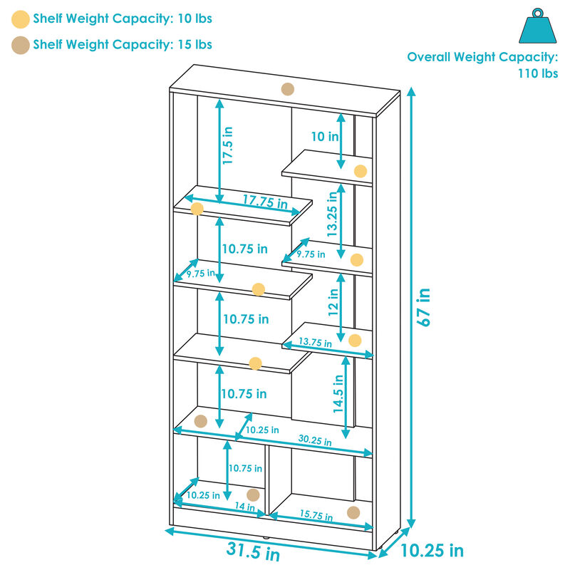 Sunnydaze Rosalee 9-Tier Open Bookshelf with Staggered Shelves Coffee Brown