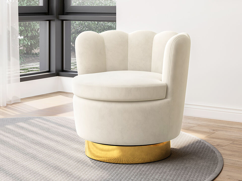 BELLEZE Swivel Accent Chair, Velvet Modern Round Petal Swivel Barrel Chair, 360° Upholstery Swivel Sofa Armchair, Comfy Swivel Accent Chair for Living Room Bedroom - Lotus (White)