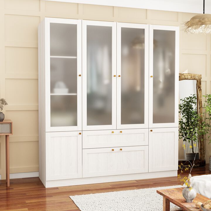 Beige Wood Grain 63 in. W Frosted Glass Doors Armoires with Hanging Rods, Drawers and Shelves 70.9 in. H x 19.7 in. D
