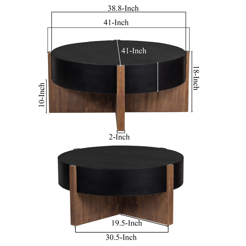Naufe Coffee Table, 41 Inch Round Matte Black Top, Brown Cross Panel Legs, Mango Wood Frame