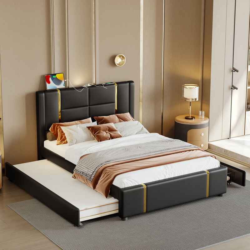 Merax PU Upholstered Platform Bed with Trundle