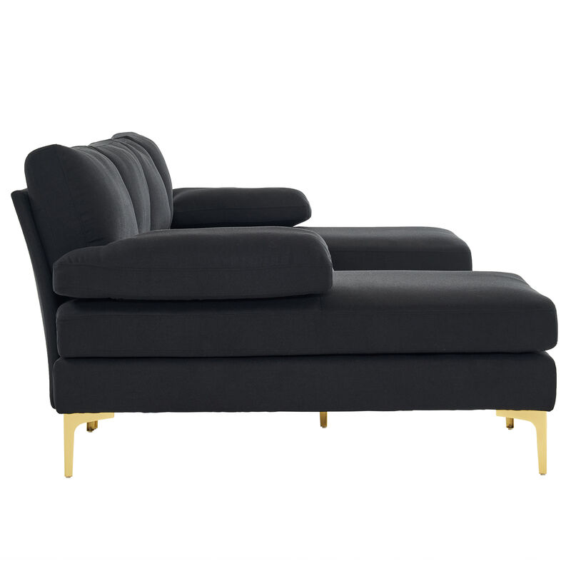 4-Seater U-Shaped Indoor Modular Sofa, Linen Seat with Wooden & Iron Frame, Gold Feet