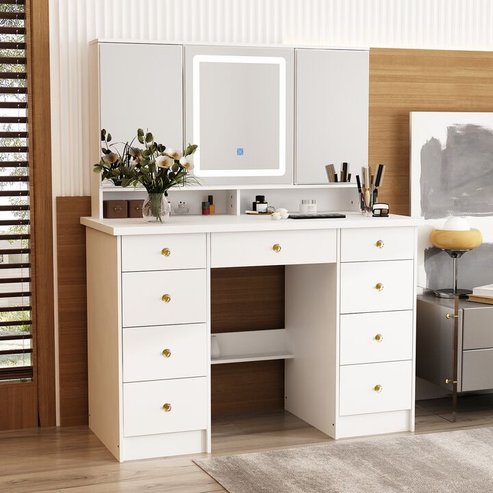 White Modern Makeup Vanity Desk 9 Drawers Wood Dressing Table With 3 Mirrors, Hidden Storage Shelves, LED Lighted