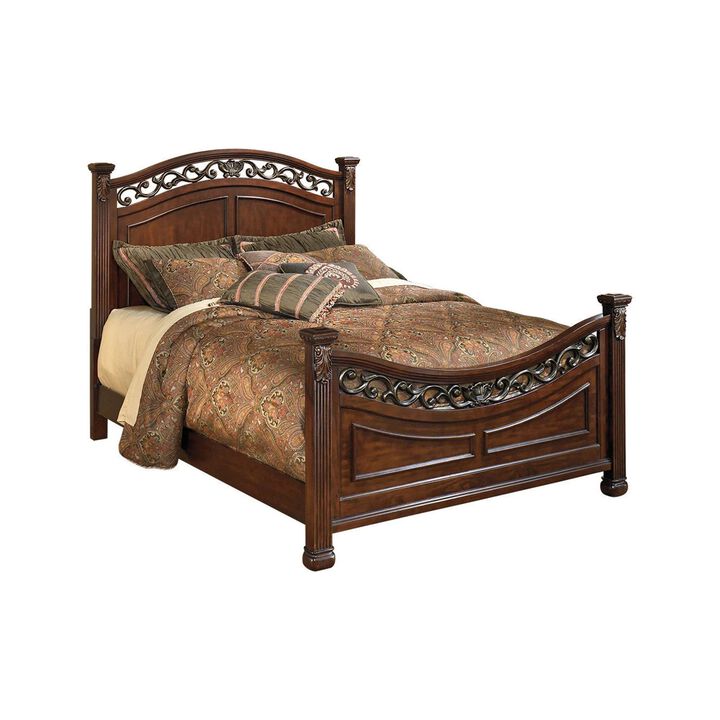 Aza Traditional Wood California King Bed, Leaf Carvings, Rich Cherry Brown - Benzara