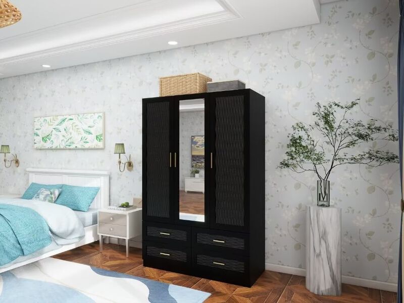 Wooden Armoire Wardrobe Closet Black 3 Doors, Hanging Rods, Mirror, 4 Drawers, Large Capacity Storage Cabinet Wardrobe Closet for Bedroom Armoire