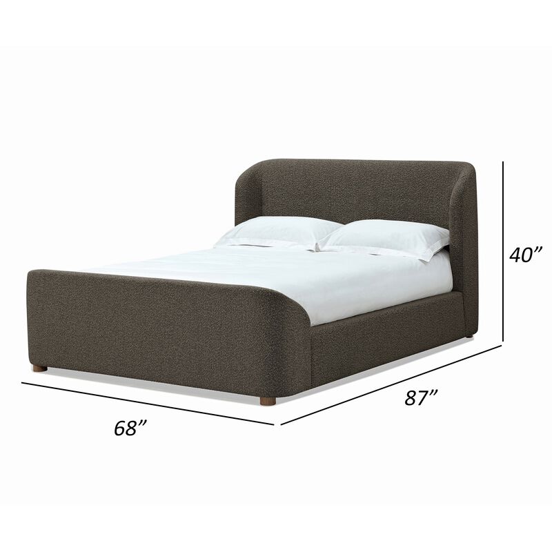 Keni Queen Size Platform Bed, Soft Brown Boucle Upholstery, Curved Design - Benzara