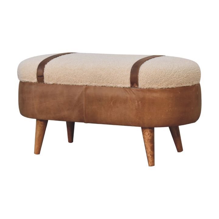 Solid Wood Tan Bufallo Leather Boucle Nordic Bench