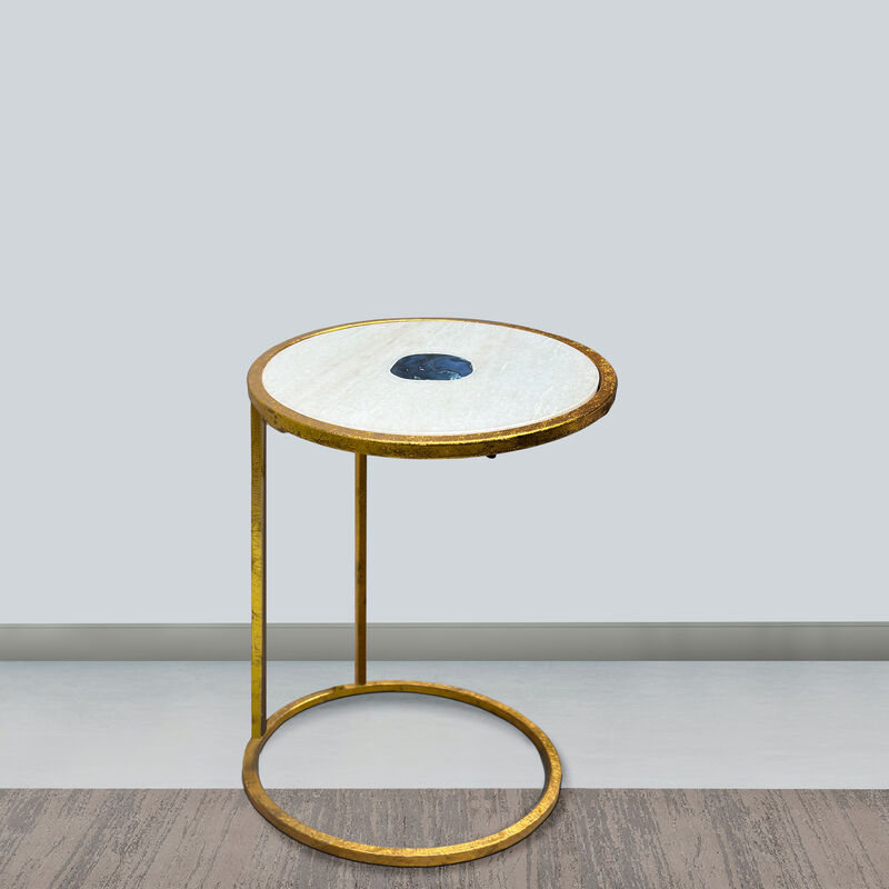 20 Inch Round Side End Table, White Marble Top with Blue Agate Stone Inlay, Gold Foil Finish Iron Frame - Benzara