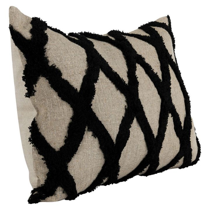 Lo 14 x 20 Lumbar Linen Accent Throw Pillow, Tufted Diamond Pattern, Black-Benzara