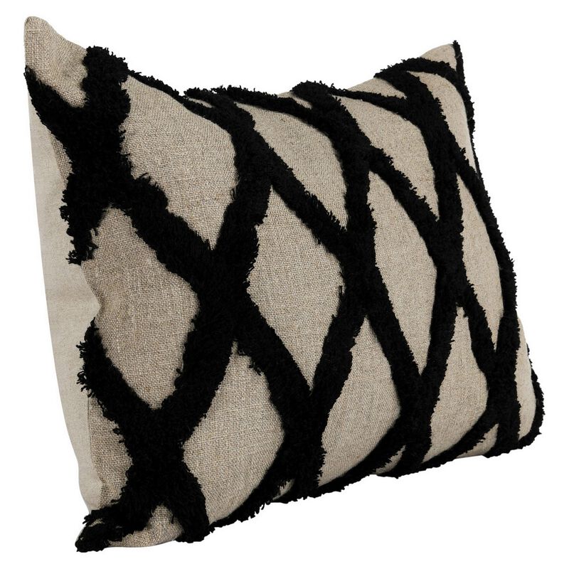 Lo 14 x 20 Lumbar Linen Accent Throw Pillow, Tufted Diamond Pattern, Black-Benzara
