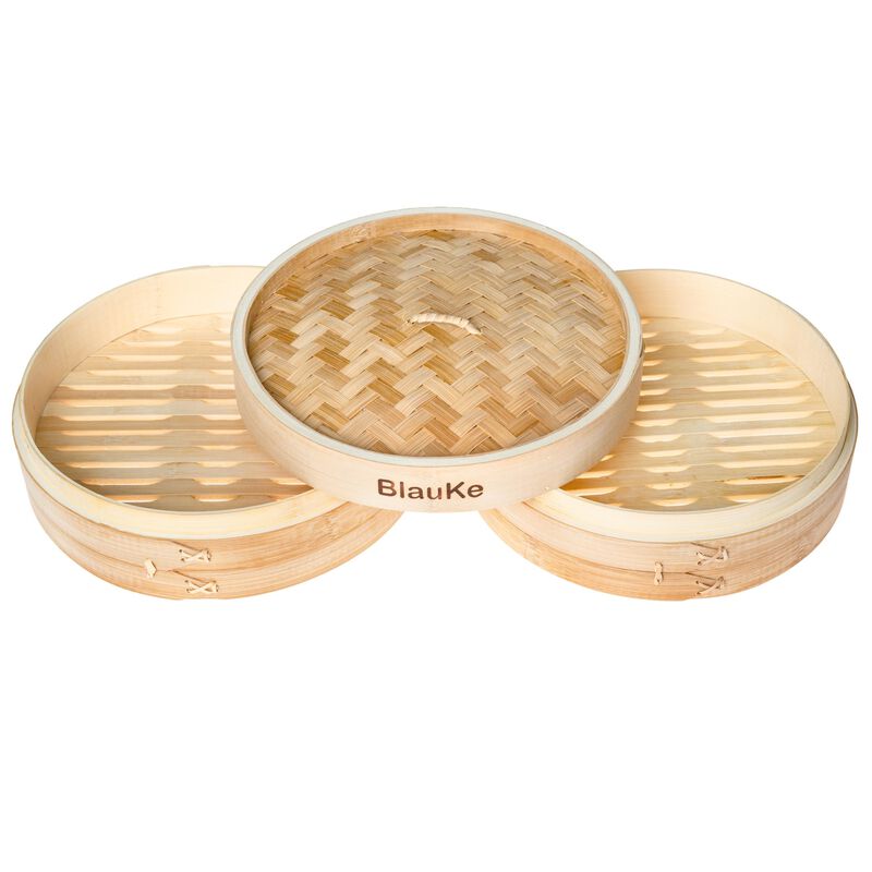 2-Tier Bamboo Steamer for Cooking Dumplings, Vegetables, Meat, Fish, Rice - Bamboo Steamer Basket 10 Inch with 2 Pairs Chopsticks, Tongs and 50 Paper Liners