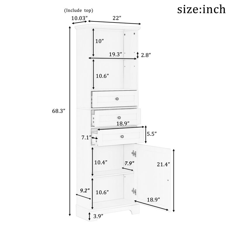 White Tall Storage Cabinet with 3 Drawers and Adjustable Shelves