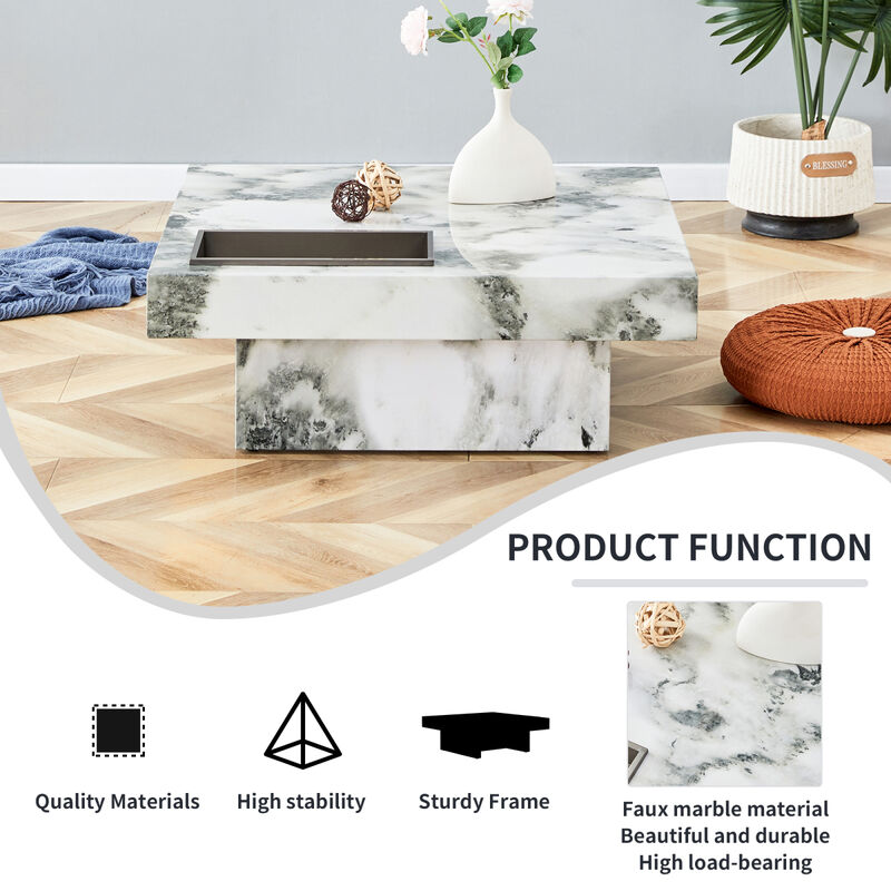 Elegant Black and White Marble Coffee Table 31.4" Square