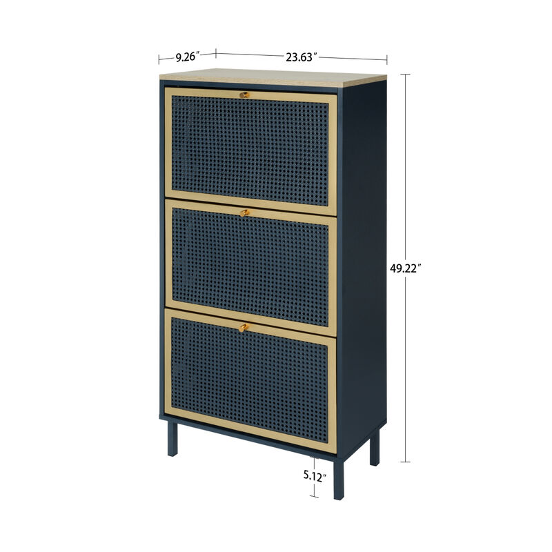 3 Metal Door Shoe Rack, Freestanding Modern Shoe Storage Cabinet, Metal Rattan, For Entryway