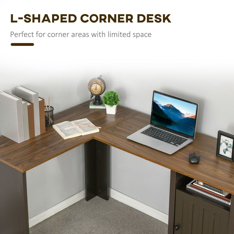 Coffee Walnut Workspace: L-Shaped Desk with Hutch and Storage