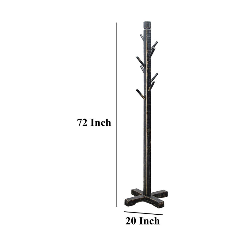 Rena Coat, Hat Rack Stand, 8 Wood Stems, 72 Inch Rustic Black Mahogany - Benzara