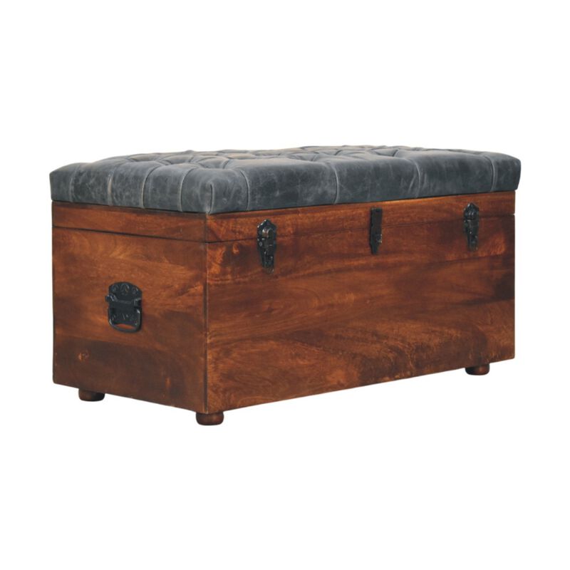 Artisan Furniture Solid Wood Black Buffalo hide leather Storage Trunk