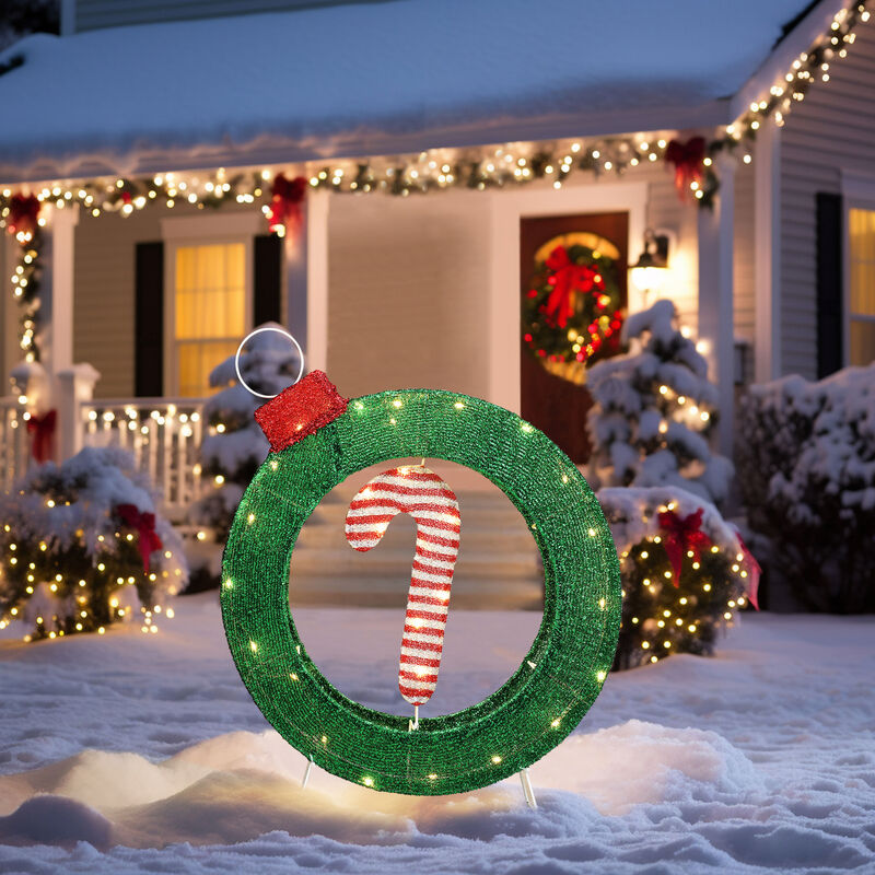 LuxenHome 1.9Ft Tall Ornament and Candy Cane Wreath Outdoor Holiday Decoration with Lights