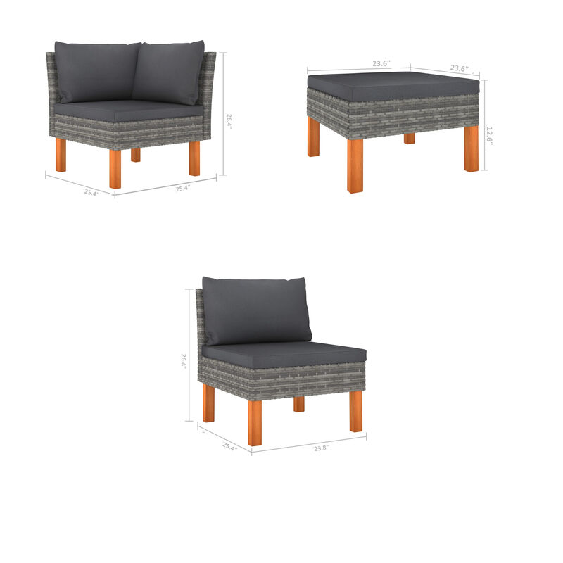 Feno 4pc Outdoor Modular Lounge Sofa Set, 2 Ottomans, Dark Gray Rattan - Benzara