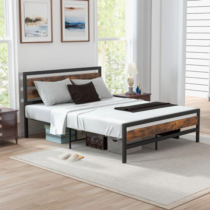 Hivvago Industrial Bed Frame with Rustic Headboard and Footboard