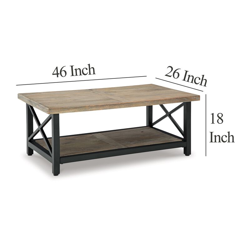 Sten Coffee Table, Rectangular Brown Mango Wood, 46 Inch Black Metal - Benzara