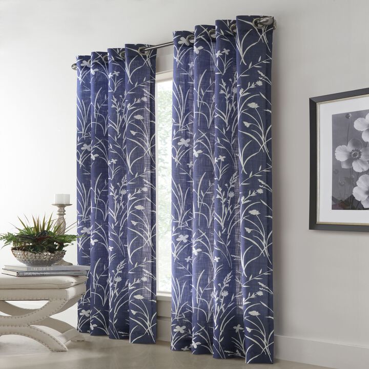 Commonwealth Bradford Floral Printed Top Panel With 8 Matt Silver Grommets - 52"x95" - Blue