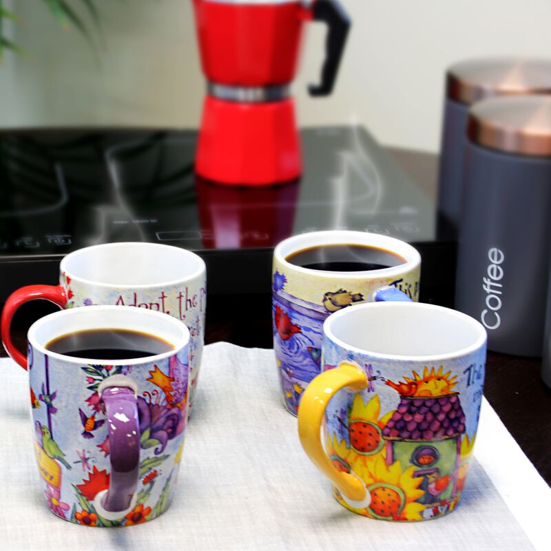 Gibson Birdhouse Floral 18 oz Cup Set, Set of 4 Assorted Designs