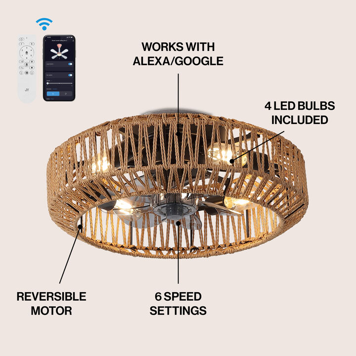 Rowan 4-Light Modern Bohemian 6-Speed Metal Rattan Mobile-App Remote-Controlled Lantern LED Ceiling Fan