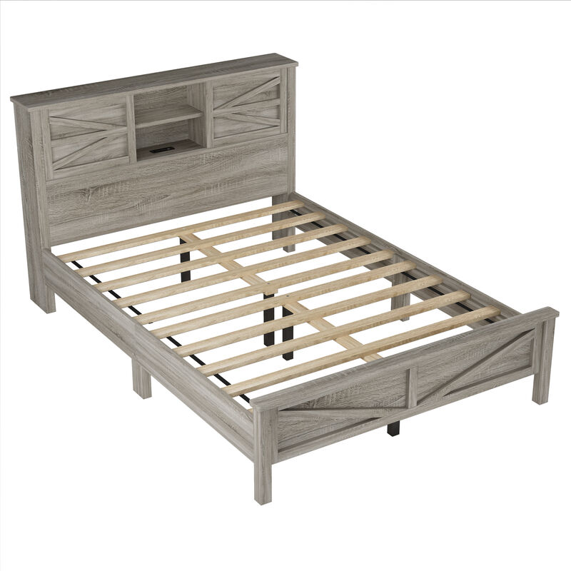 Merax Farmhouse Platform Bed with Charging Station
