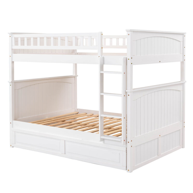 Full Over Full Bunk Bed With Twin Size Trundle, Pine Wood Bunk Bed With Guardrails, Gold