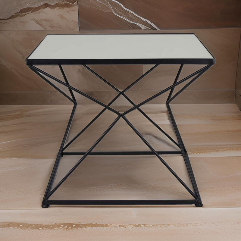 21 Inch Plant Stand Side Table, Mirror Top, Black Geometric Metal Frame - Benzara
