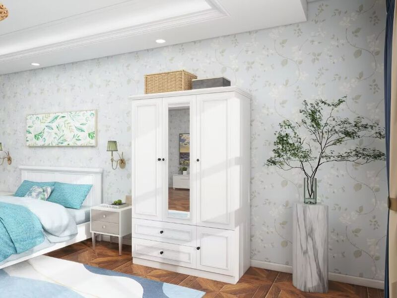 Armoire Wardrobe Closet Wooden with 3 Doors, Hanging Rods, 2 Drawers, Storage Cabinet and Mirror Large Capacity Large Wardrobe Closet for Bedroom, White
