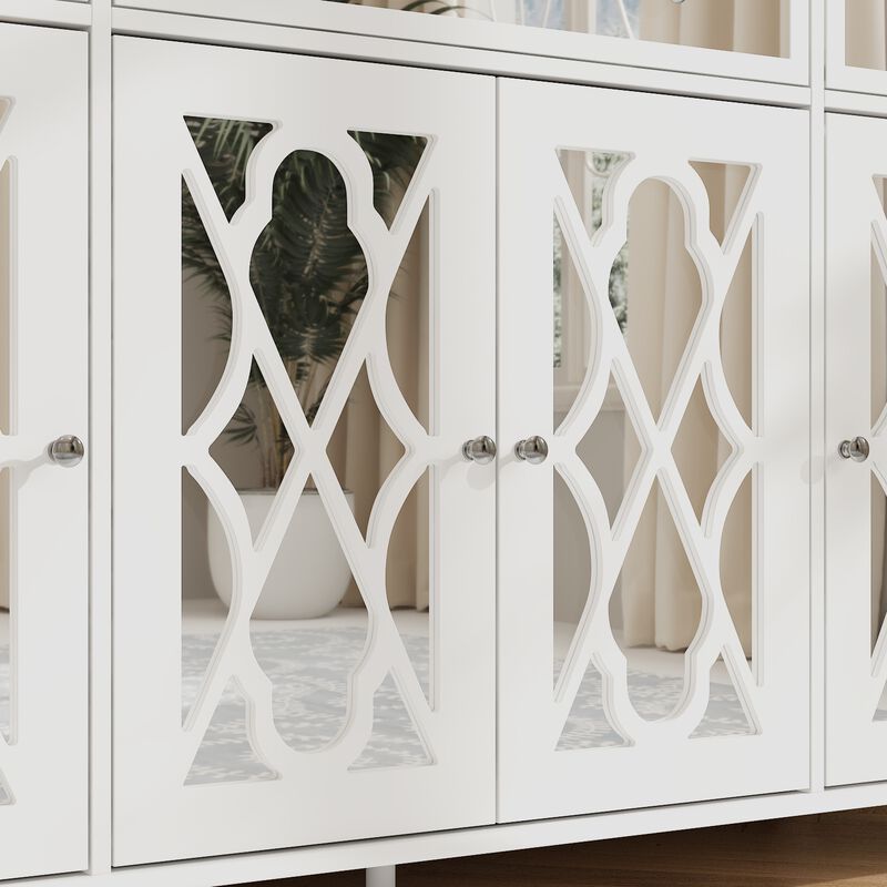 White Paint 4 Doors Mirrored Buffet Cabinet Sideboard With 3 Mirror Drawers and Adjustable Shelves for Kitchen Dining