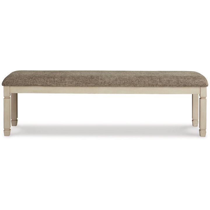 65 Inch Two Tone Dining Bench, Woven Fabric Cushion, Vintage White Wood-Benzara