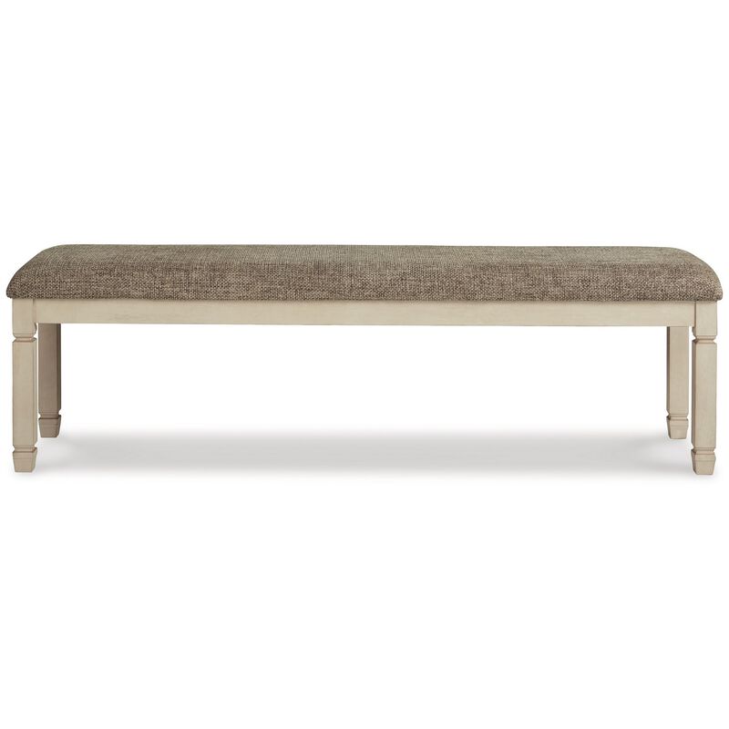 65 Inch Two Tone Dining Bench, Woven Fabric Cushion, Vintage White Wood-Benzara