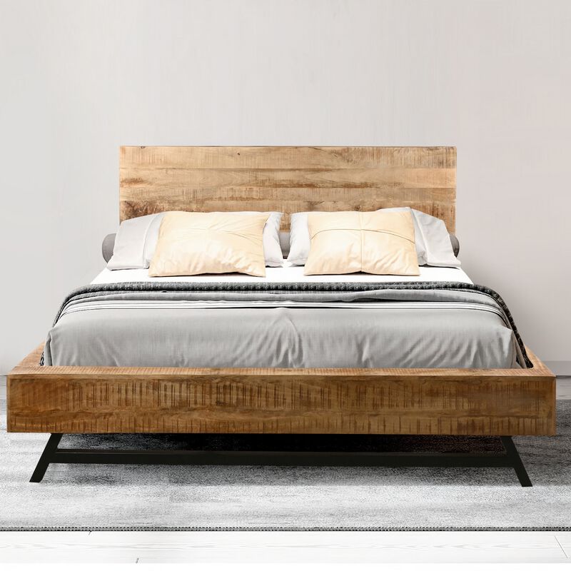 Bree Modern Rustic Queen Size Platform Bed, Brown Acacia & Mango Wood Frame, Black Iron Angled Legs