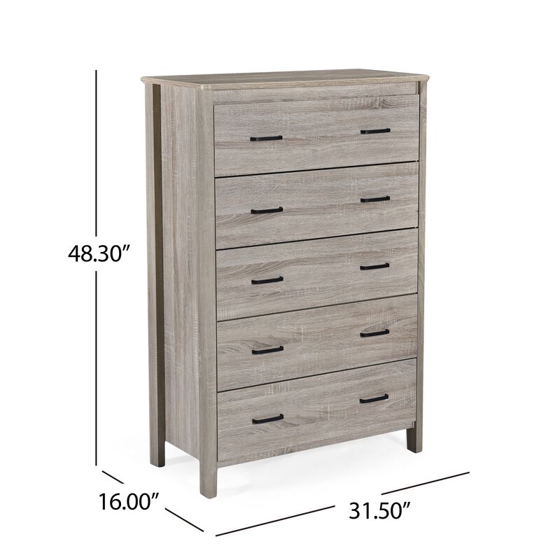Sifa Tall Dresser Chest, 5 Drawers, Rustic Oak Gray MDF, Black Handles - Benzara