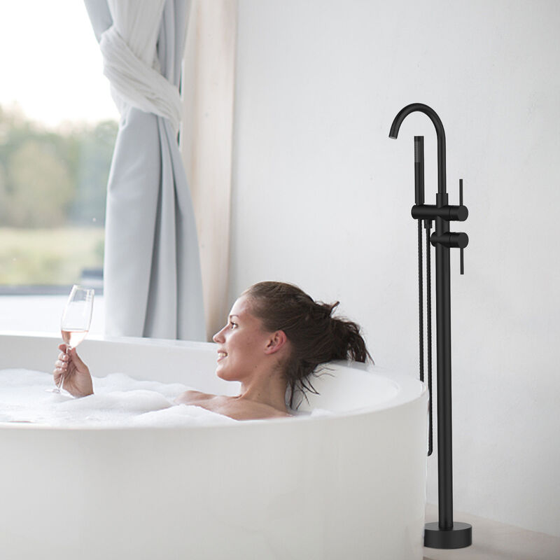 Freestanding Bathtub Faucet, Floor Mount Tub Filler with Hand Shower & Swivel Spout