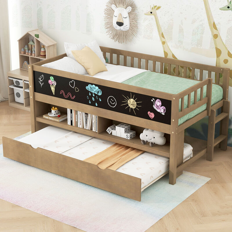 Merax Low Loft Bed with Storage Shelves and Trundl