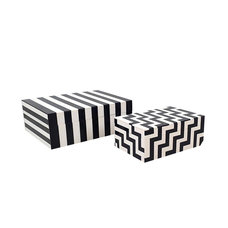 Anya Set of 2 Accessory Boxes, Multipurpose Lidded Storage, Black, White - Benzara