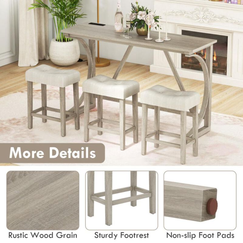 Hivvago 4-Piece Bar Table Set with Power Outlet and Upholstered Saddle Seat Stools
