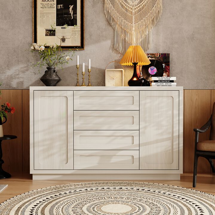 FUFU&GAGA Natural Wood Storage Cabinet with 4 Drawers and 2 Doors, MDF & Rubberwood Construction (55.1" W x 33.9" H x 15.7" D), Grey