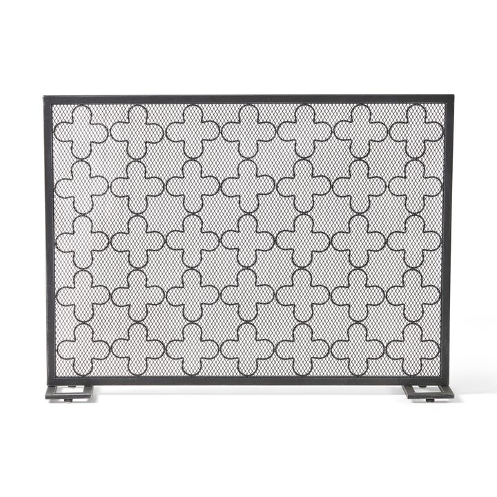 30x41 Fireplace Screen, Classic Clover Trellis Pattern, Black Iron -Benzara