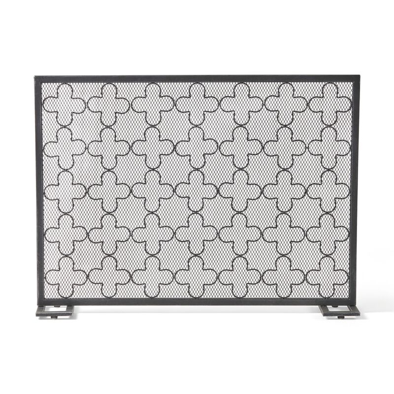 30x41 Fireplace Screen, Classic Clover Trellis Pattern, Black Iron -Benzara