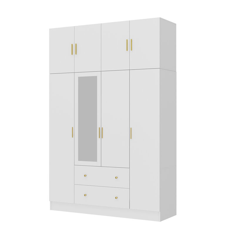 FUFU&GAGA Four-Door Wardrobe with Mirror, Top Cabinet, and Drawers (63" W x 19.7" D x 94.5" H),White
