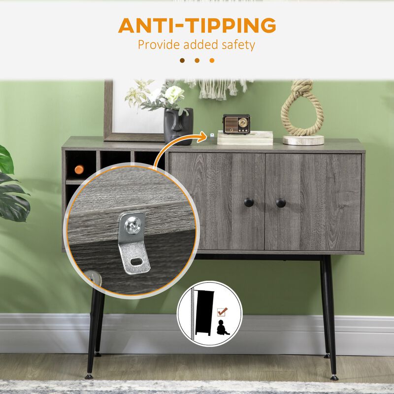 Distressed Gray Bar Cabinet: Buffet with Wine Rack & Adjustable Shelf