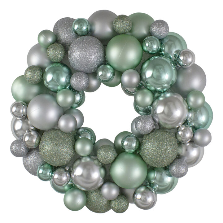 Silver and Seafoam Green 3-Finish Shatterproof Ball Christmas Wreath  13-Inch