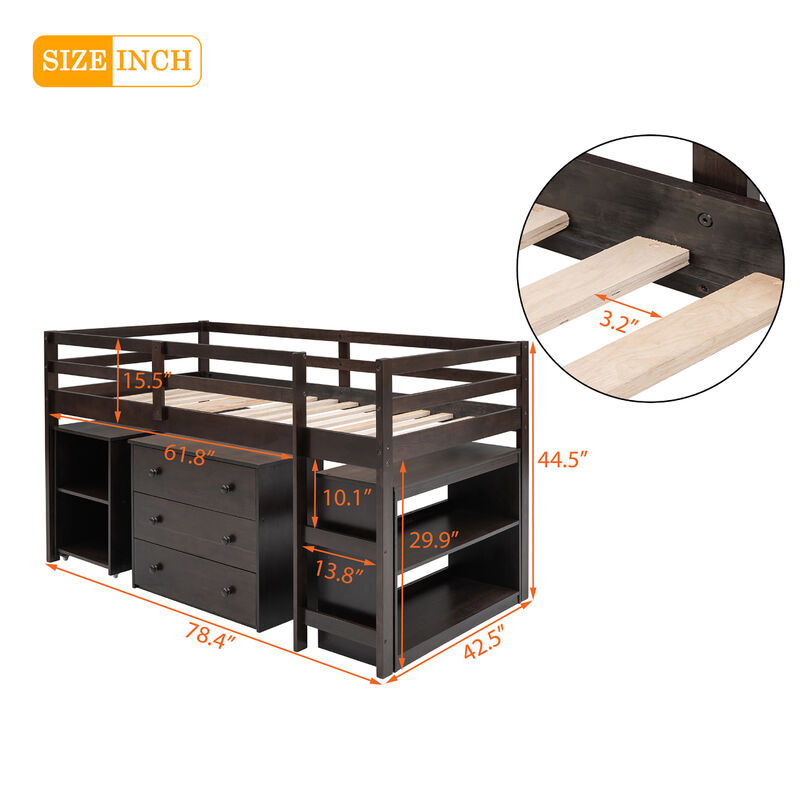 Low Study Twin Loft Bed With Cabinet And Rolling Portable Desk