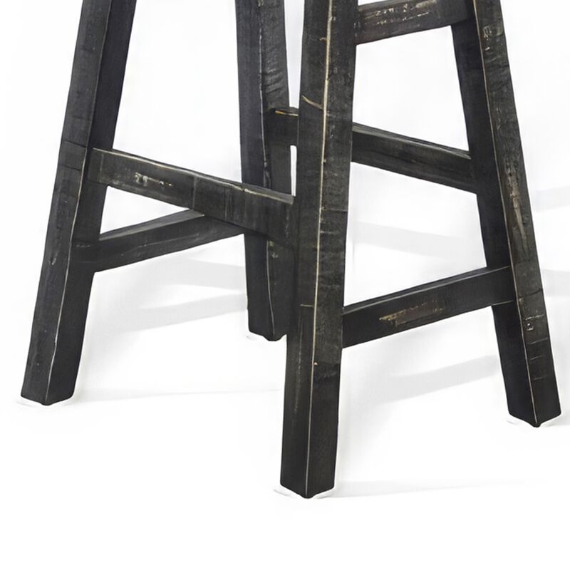 Rena Barstool Set of 2, Saddle Style Seat, Black Sand Mahogany Wood - Benzara