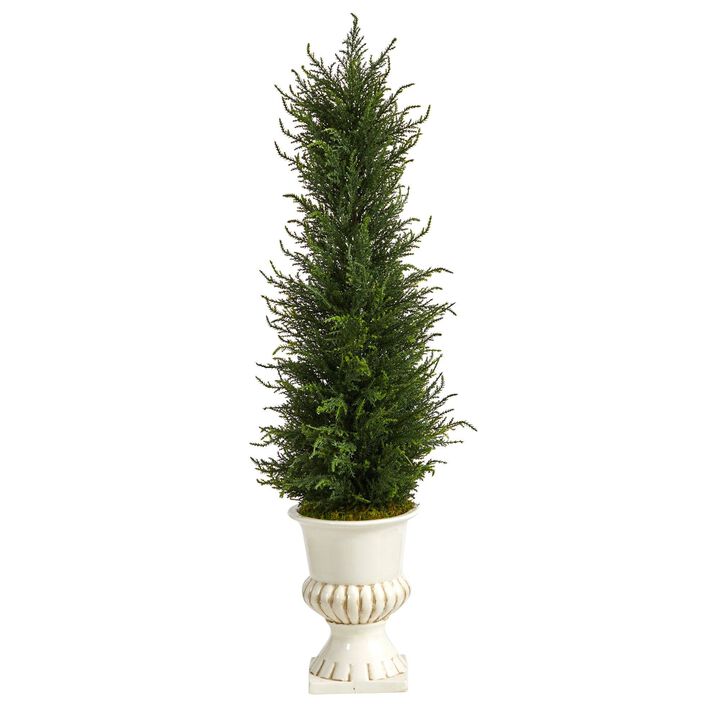 Nearly Natural 39-in Cypress Tree in White Urn UV Resistant (Indoor/Outdoor)